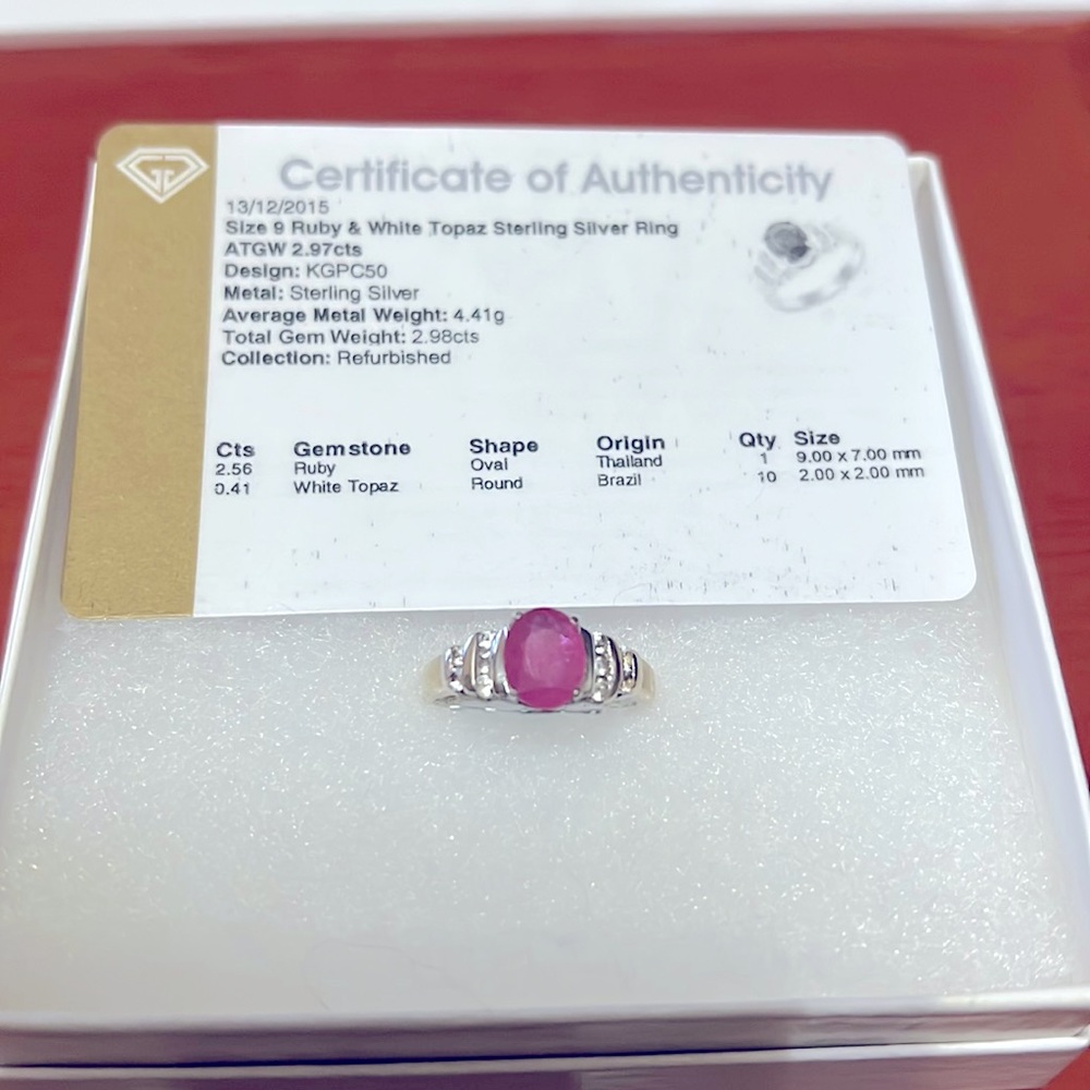 Ruby & white topaz sterling silver ring **refurbished**